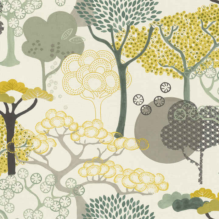 Misaki Yellow Trees Wallpaper by Advantage Windsong Covers about 57.5 square feet Germany Unpasted 10.4-in repeat, drop match 20.9-in by 33-ft long roll - Fabric Carolina -