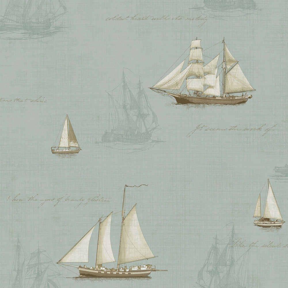 Andrew Seafoam Sailboat Wallpaper by Advantage Passport Covers about 56.4 square feet 20.5-in by 33-ft long roll Prepasted 20.5 - Fabric Carolina -