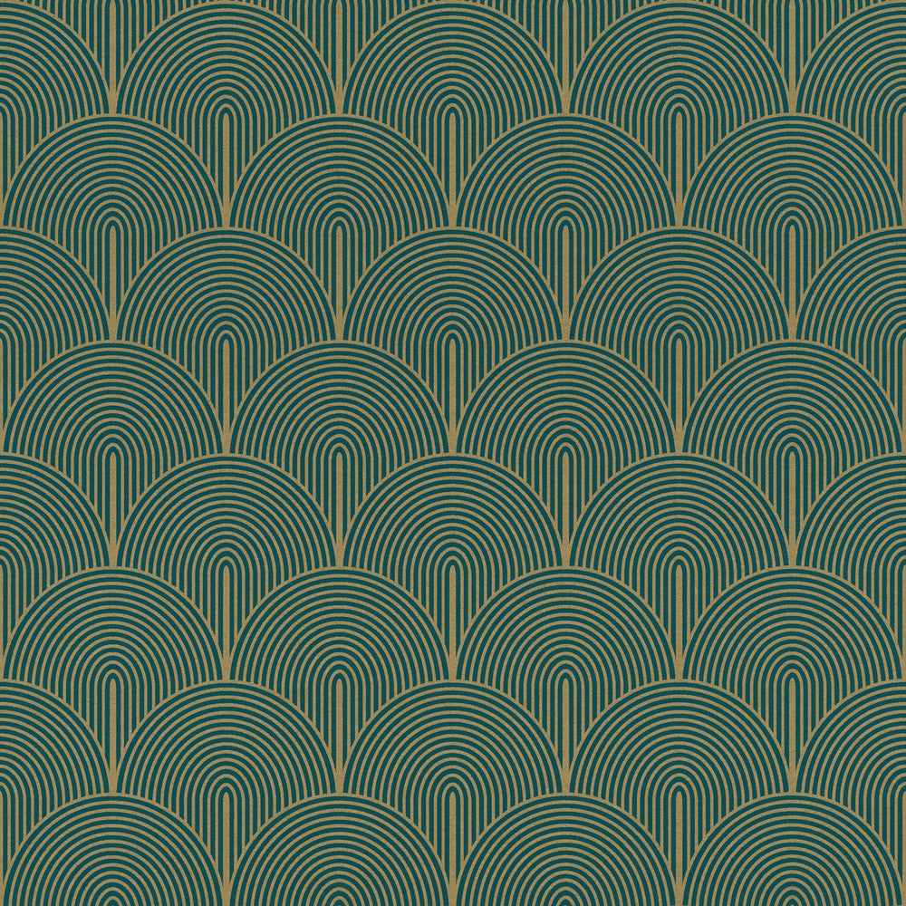 Oxxon Teal Déco Arches Wallpaper by Advantage Passport Covers about 57.5 square feet 20.9-in by 33-ft long roll Unpasted 20.9 - Fabric Carolina -