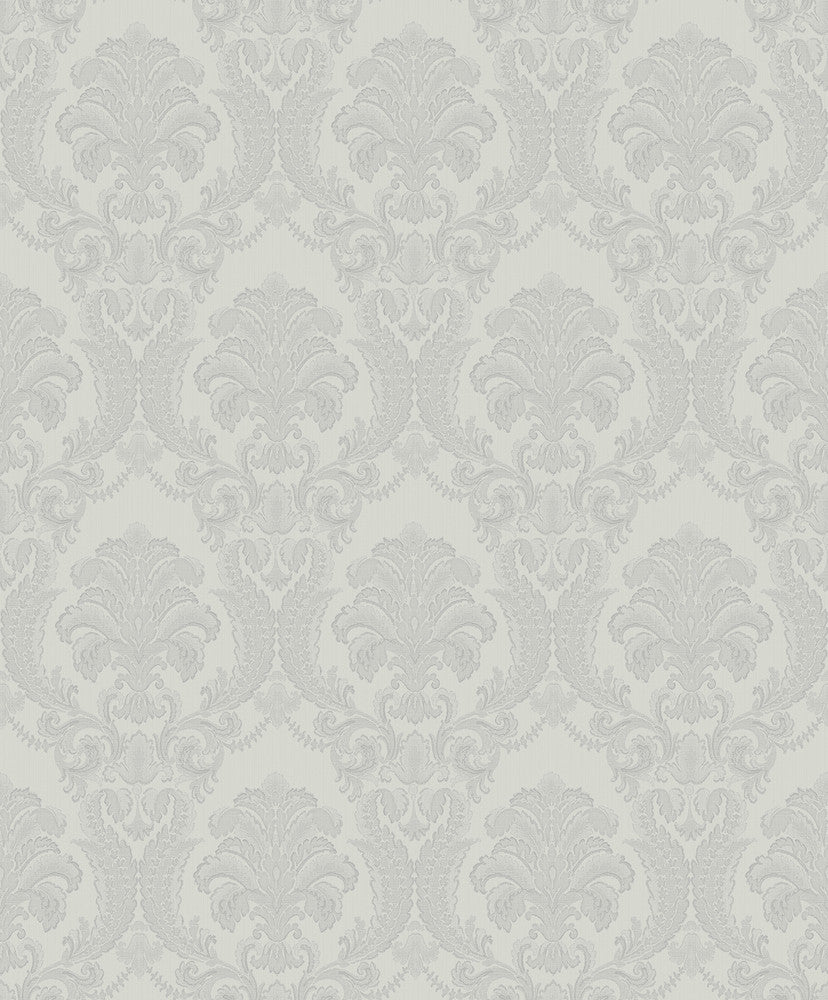 Renatta Silver Damask Wallpaper by Sirpi Italian Silk Covers about 57.5 square feet 20.9-in by 33-ft long roll Unpasted 12.6 - Fabric Carolina -