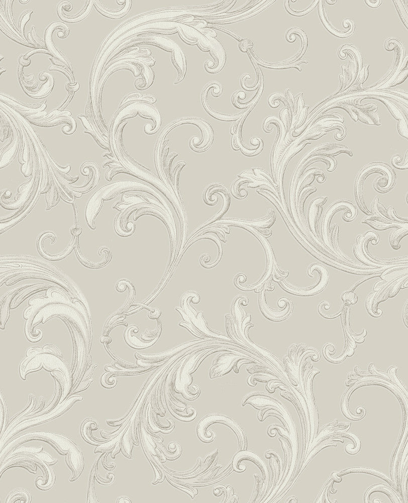 Noemi Silver Acanthus Wallpaper by Sirpi Italian Silk Covers about 56.4 square feet 20.5-in by 33-ft long roll Unpasted 25.2 - Fabric Carolina -