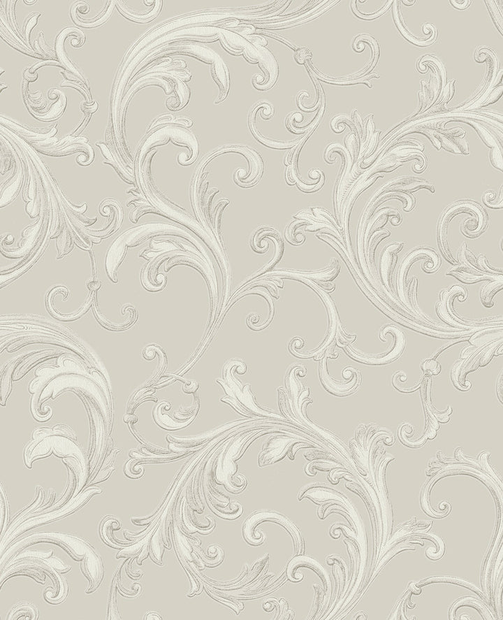 Noemi Silver Acanthus Wallpaper by Sirpi Italian Silk Covers about 56.4 square feet 20.5-in by 33-ft long roll Unpasted 25.2 - Fabric Carolina -