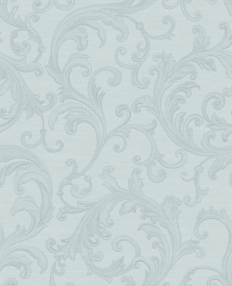 Noemi Light Blue Acanthus Wallpaper by Sirpi Italian Silk Covers about 56.4 square feet 20.5-in by 33-ft long roll Unpasted 25.2 - Fabric Carolina -