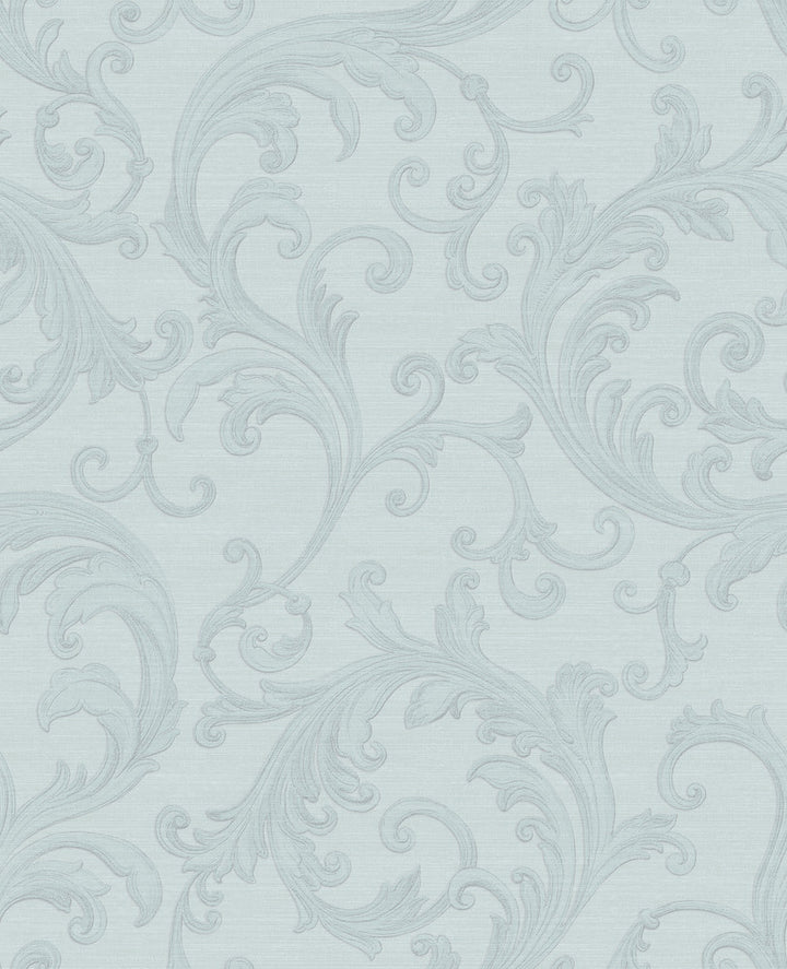 Noemi Light Blue Acanthus Wallpaper by Sirpi Italian Silk Covers about 56.4 square feet 20.5-in by 33-ft long roll Unpasted 25.2 - Fabric Carolina -