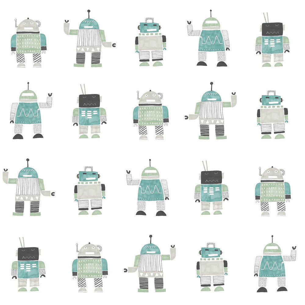 Callum Teal Robots Wallpaper by Chesapeake Fable Covers about 57.5 square feet 20.9-in by 33-ft long roll Unpasted 20.9 - Fabric Carolina -