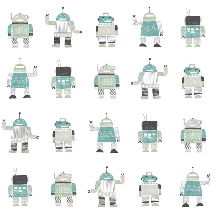 Callum Teal Robots Wallpaper by Chesapeake Fable Covers about 57.5 square feet 20.9-in by 33-ft long roll Unpasted 20.9 - Fabric Carolina -