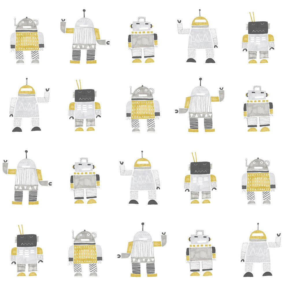 Callum Gold Robots Wallpaper by Chesapeake Fable Covers about 57.5 square feet 20.9-in by 33-ft long roll Unpasted 20.9 - Fabric Carolina -