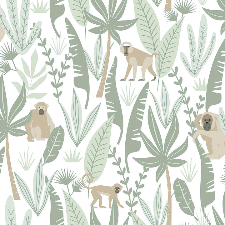Kiki Light Green Monkeys Wallpaper by Chesapeake Fable Covers about 57.5 square feet 20.9-in by 33-ft long roll Unpasted 10.4 - Fabric Carolina -