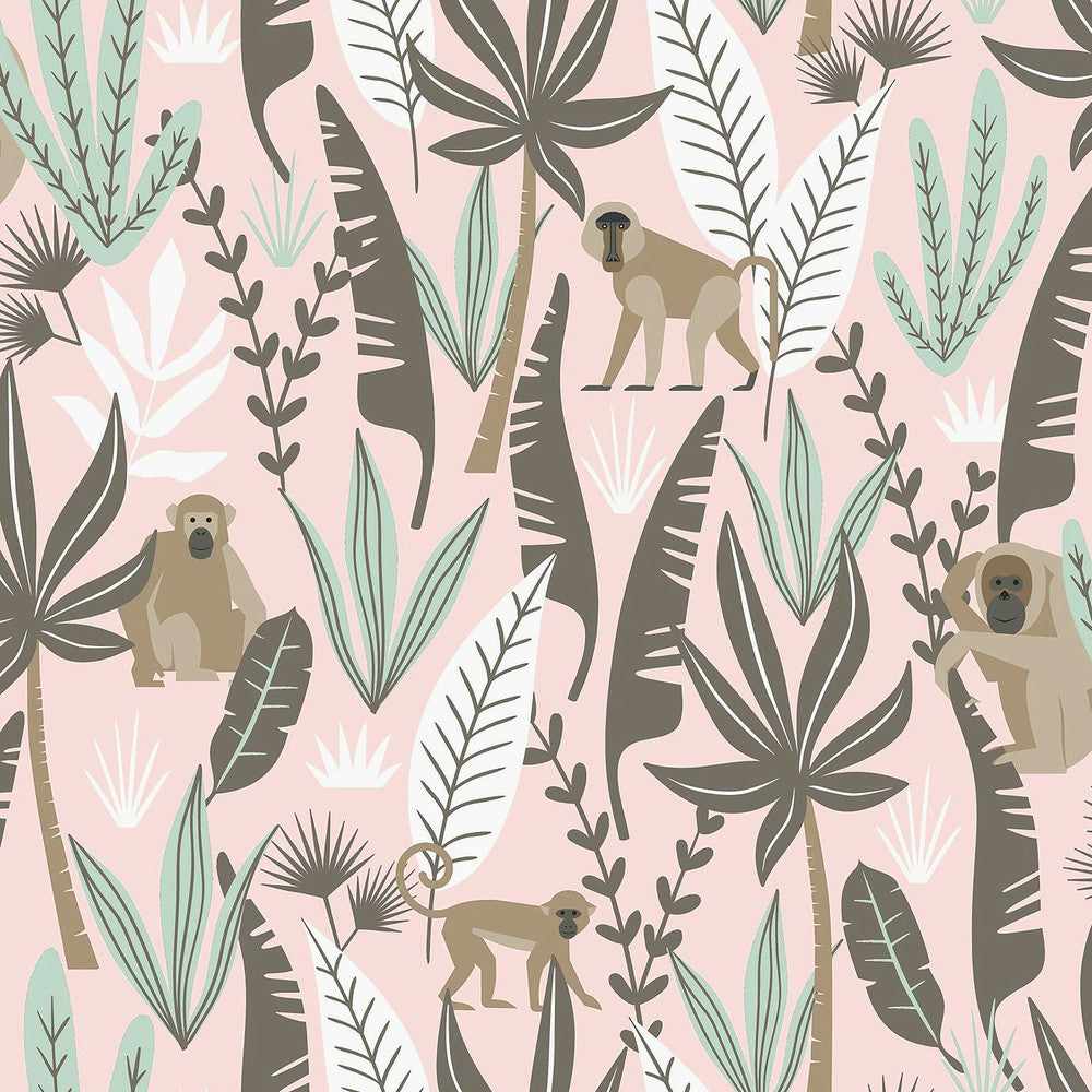 Kiki Pink Monkeys Wallpaper by Chesapeake Fable Covers about 57.5 square feet 20.9-in by 33-ft long roll Unpasted 10.4 - Fabric Carolina -