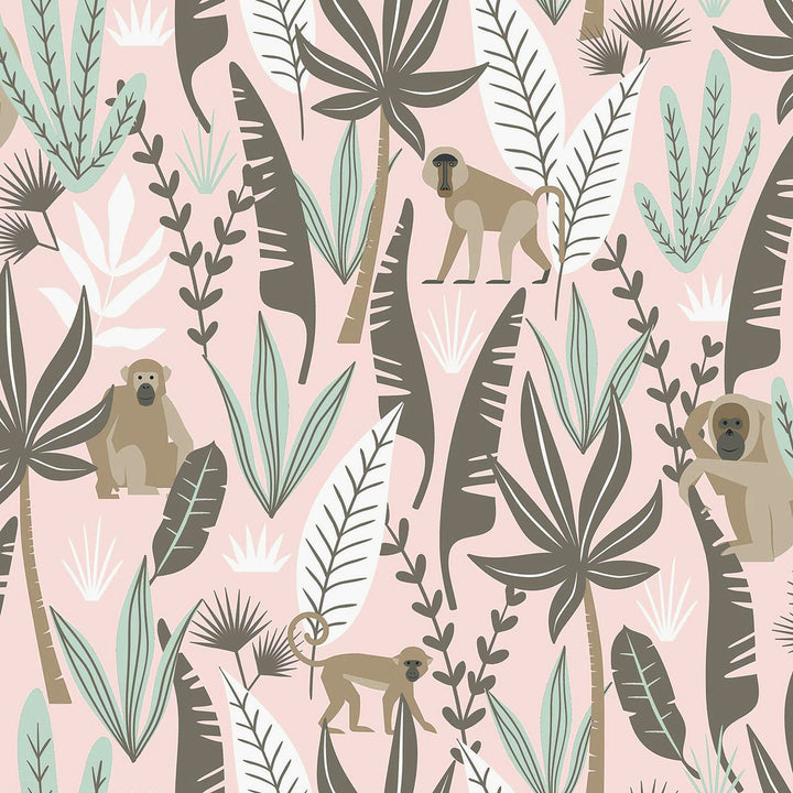 Kiki Pink Monkeys Wallpaper by Chesapeake Fable Covers about 57.5 square feet 20.9-in by 33-ft long roll Unpasted 10.4 - Fabric Carolina -