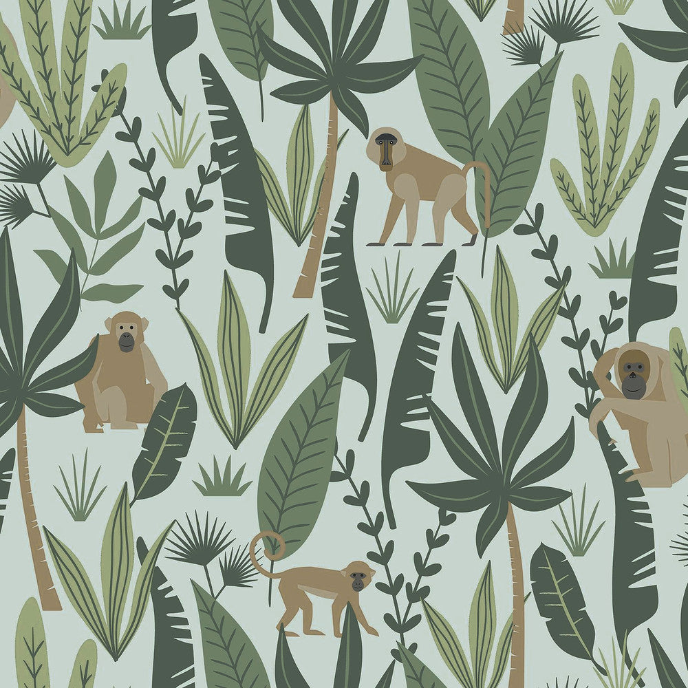 Kiki Green Monkeys Wallpaper by Chesapeake Fable Covers about 57.5 square feet 20.9-in by 33-ft long roll Unpasted 10.4 - Fabric Carolina -