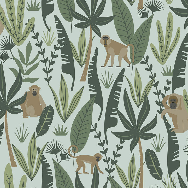 Kiki Green Monkeys Wallpaper by Chesapeake Fable Covers about 57.5 square feet 20.9-in by 33-ft long roll Unpasted 10.4 - Fabric Carolina -