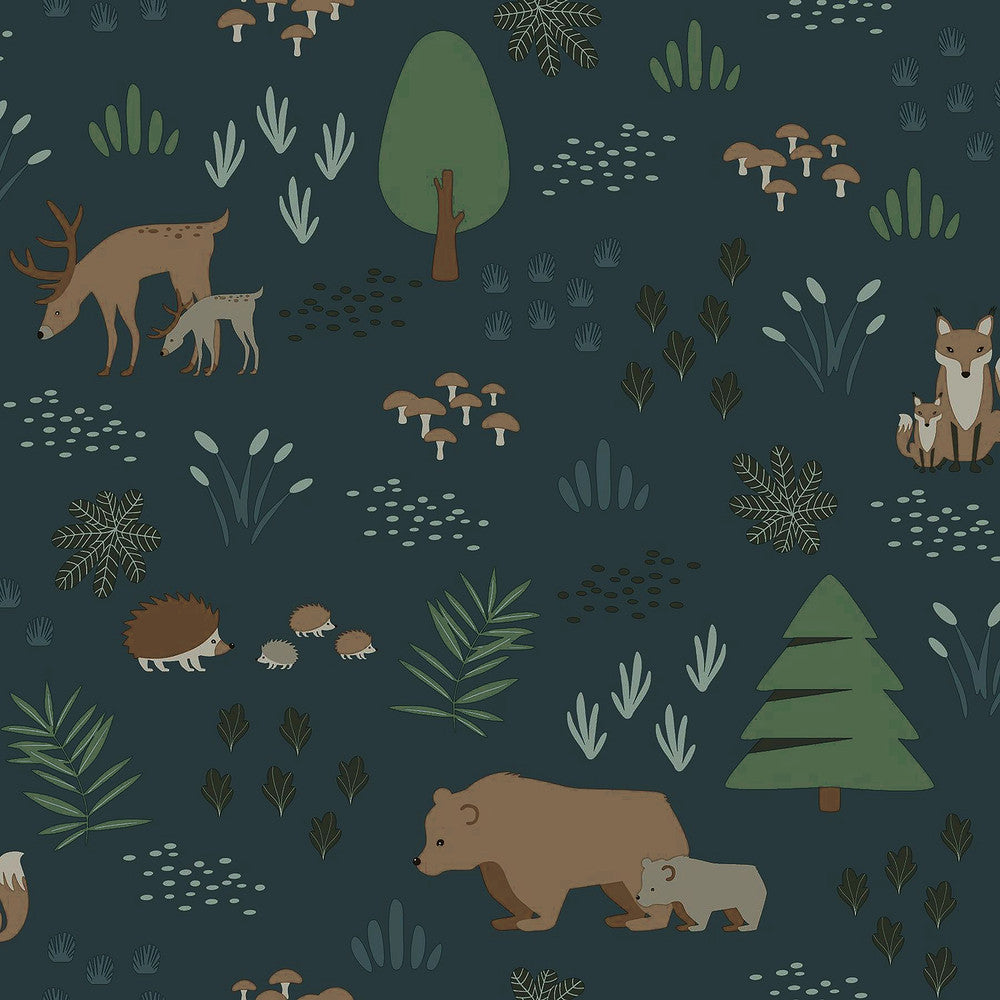 Finola Dark Blue Bears Wallpaper by Chesapeake Fable Covers about 57.5 square feet 20.9-in by 33-ft long roll Unpasted 10.4 - Fabric Carolina -