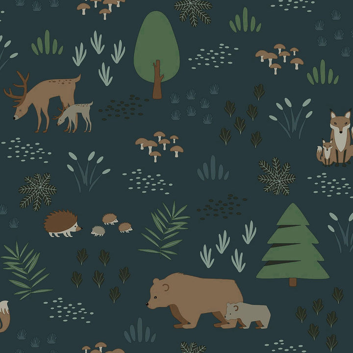 Finola Dark Blue Bears Wallpaper by Chesapeake Fable Covers about 57.5 square feet 20.9-in by 33-ft long roll Unpasted 10.4 - Fabric Carolina -