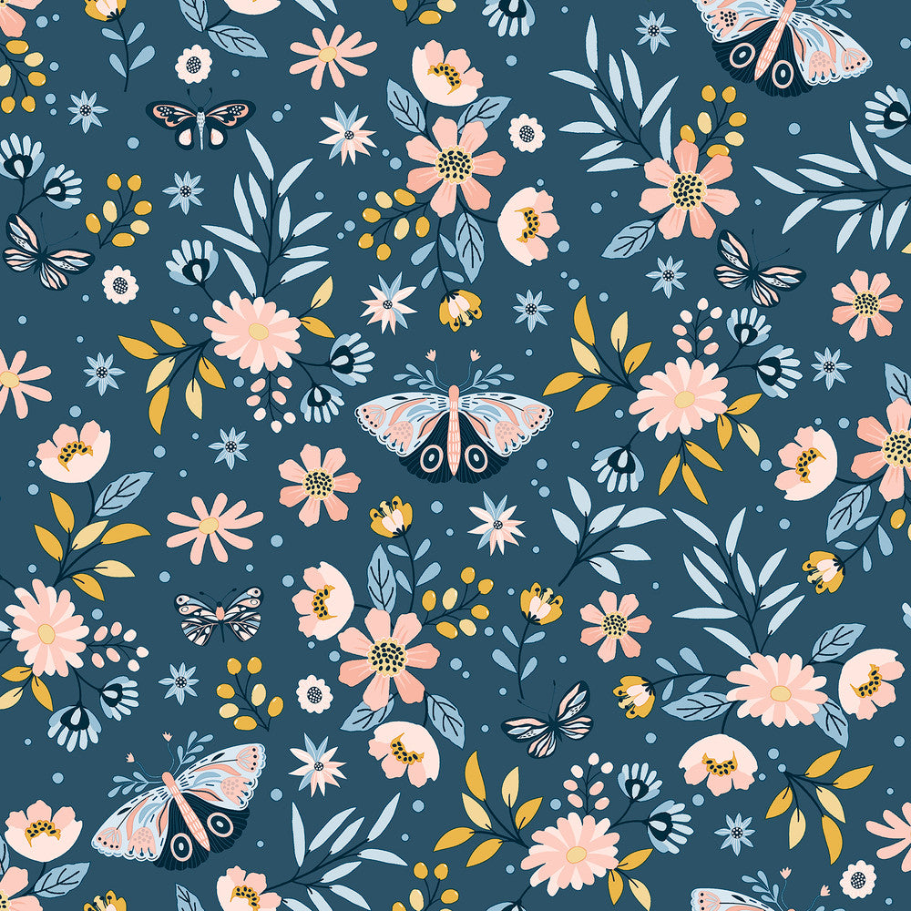 Zev Blue Butterfly Wallpaper by Chesapeake Fable Covers about 57.5 square feet 20.9-in by 33-ft long roll Unpasted 10.4 - Fabric Carolina -