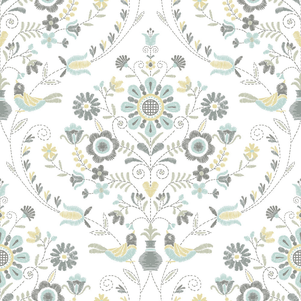 Britt Sea Green Embroidered Damask Wallpaper by A-Street Prints Hannah Covers about 56.4 square feet 20.5-in by 33-ft long roll Unpasted 20.9 - Fabric Carolina -