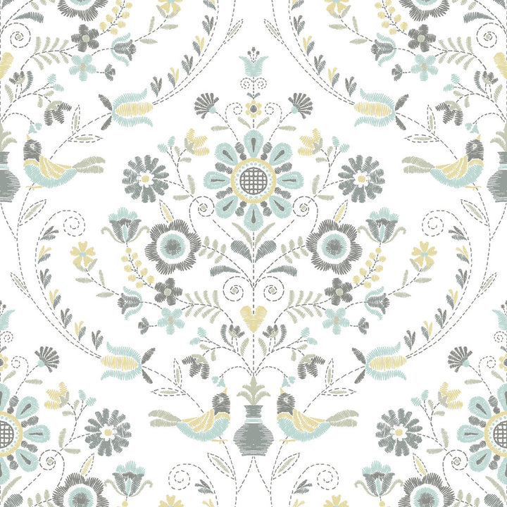Britt Sea Green Embroidered Damask Wallpaper by A-Street Prints Hannah Covers about 56.4 square feet 20.5-in by 33-ft long roll Unpasted 20.9 - Fabric Carolina -