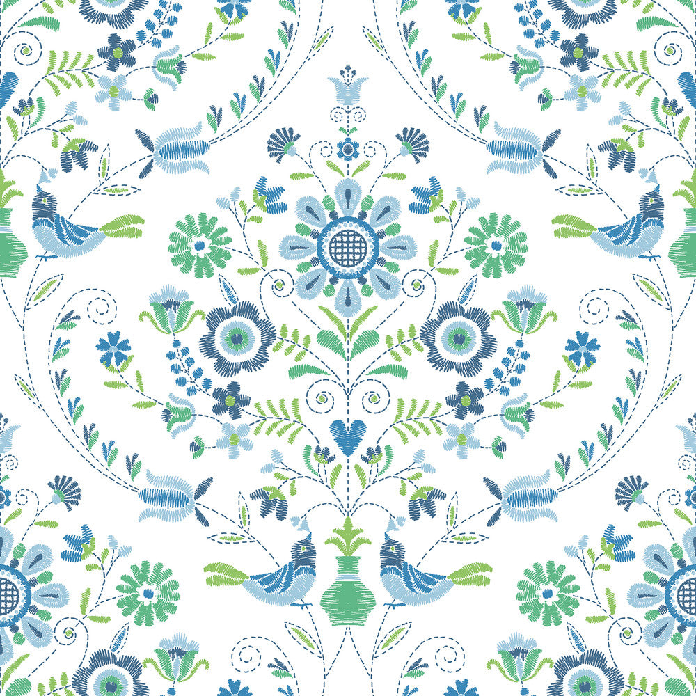 Britt Sapphire Embroidered Damask Wallpaper by A-Street Prints Hannah Covers about 56.4 square feet 20.5-in by 33-ft long roll Unpasted 20.9 - Fabric Carolina -