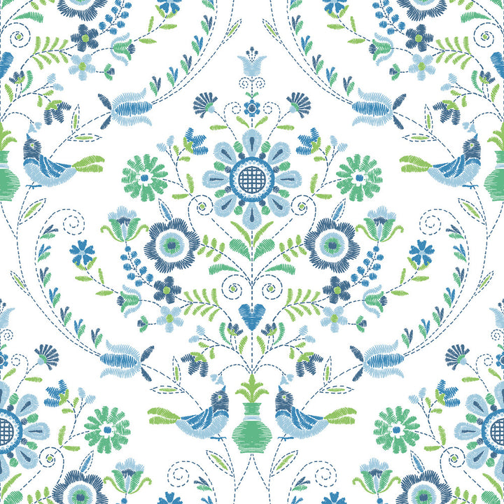 Britt Sapphire Embroidered Damask Wallpaper by A-Street Prints Hannah Covers about 56.4 square feet 20.5-in by 33-ft long roll Unpasted 20.9 - Fabric Carolina -