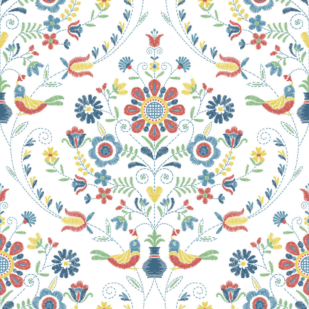 Britt Multicolor Embroidered Damask Wallpaper by A-Street Prints Hannah Covers about 56.4 square feet 20.5-in by 33-ft long roll Unpasted 20.9 - Fabric Carolina -