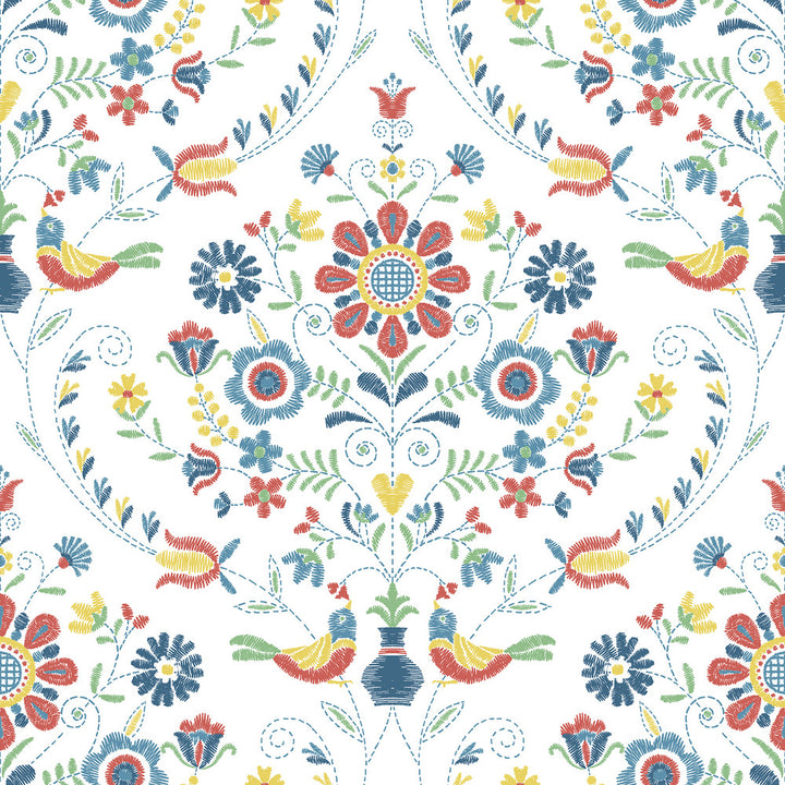 Britt Multicolor Embroidered Damask Wallpaper by A-Street Prints Hannah Covers about 56.4 square feet 20.5-in by 33-ft long roll Unpasted 20.9 - Fabric Carolina -