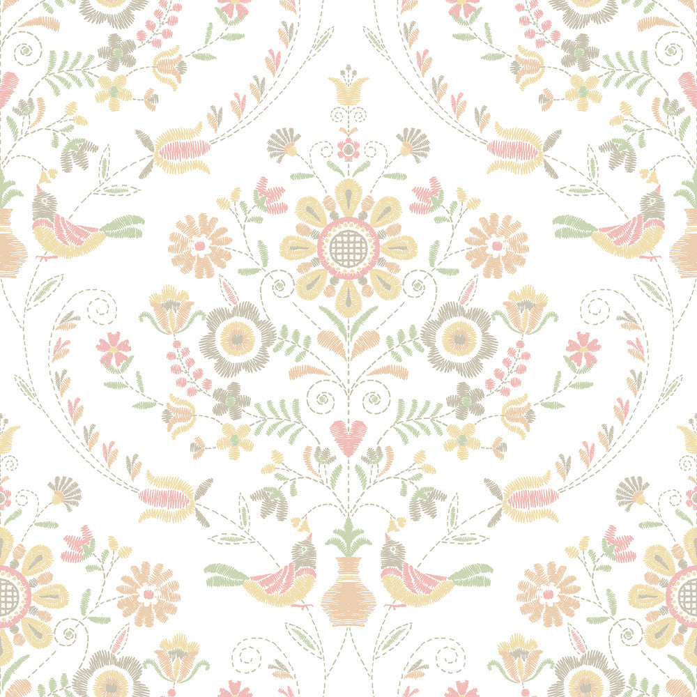 Britt Peach Embroidered Damask Wallpaper by A-Street Prints Hannah Covers about 56.4 square feet 20.5-in by 33-ft long roll Unpasted 20.9 - Fabric Carolina -