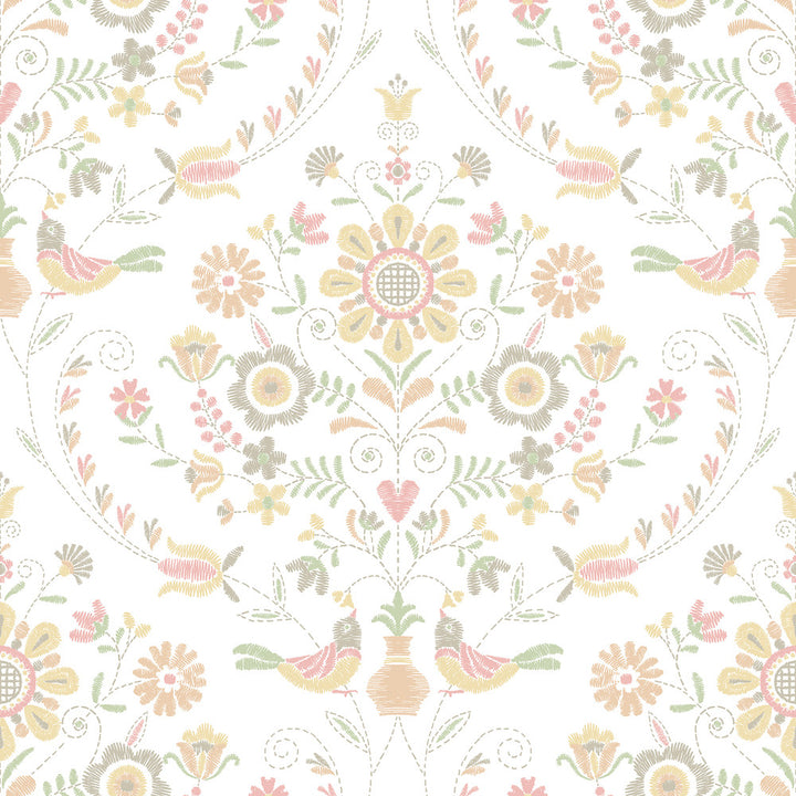 Britt Peach Embroidered Damask Wallpaper by A-Street Prints Hannah Covers about 56.4 square feet 20.5-in by 33-ft long roll Unpasted 20.9 - Fabric Carolina -