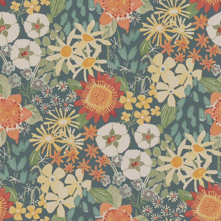 Karina Teal Wildflower Garden Wallpaper by A-Street Prints Hannah Covers about 56.4 square feet 20.5-in by 33-ft long roll Unpasted 20.9 - Fabric Carolina -