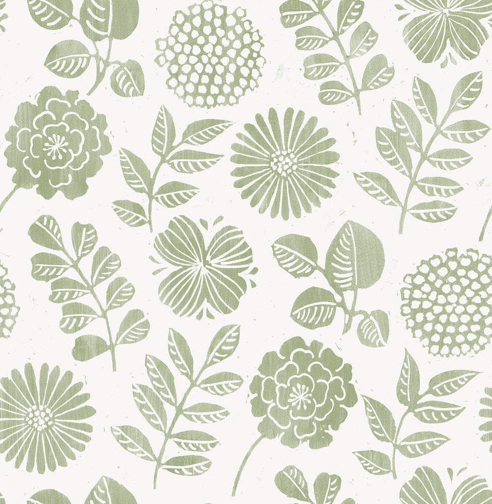 Inge Moss Floral Block Print Wallpaper by A-Street Prints Hannah Covers about 56.4 square feet 20.5-in by 33-ft long roll Unpasted 20.9 - Fabric Carolina -