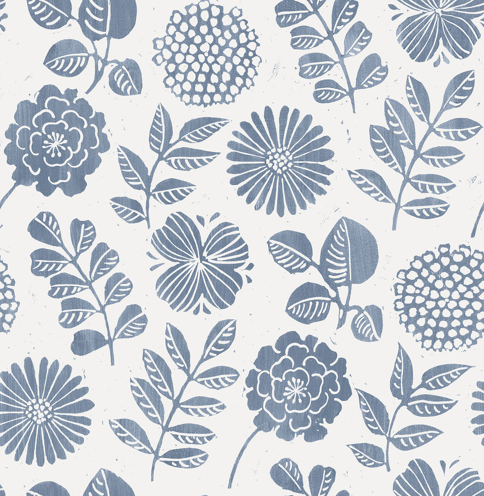 Inge Denim Floral Block Print Wallpaper by A-Street Prints Hannah Covers about 56.4 square feet 20.5-in by 33-ft long roll Unpasted 20.9 - Fabric Carolina -