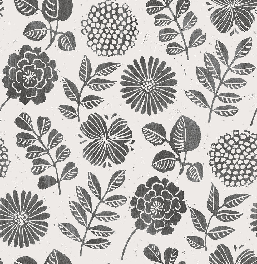 Inge Black Floral Block Print Wallpaper by A-Street Prints Hannah Covers about 56.4 square feet 20.5-in by 33-ft long roll Unpasted 20.9 - Fabric Carolina -