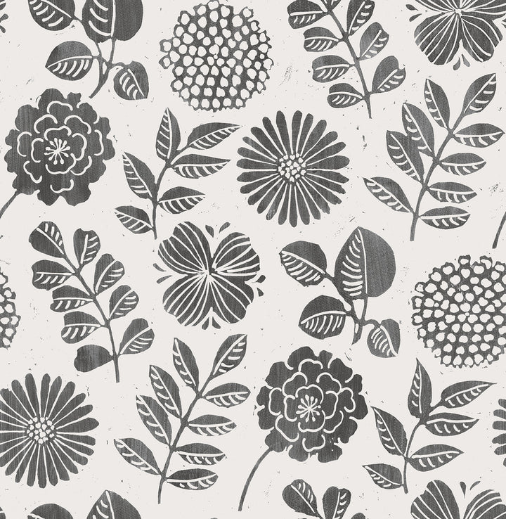 Inge Black Floral Block Print Wallpaper by A-Street Prints Hannah Covers about 56.4 square feet 20.5-in by 33-ft long roll Unpasted 20.9 - Fabric Carolina -