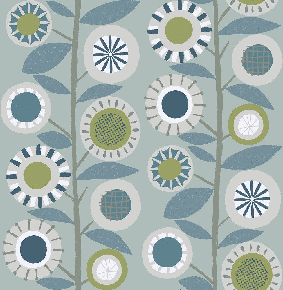 Sisu Light Blue Floral Geometric Wallpaper by A-Street Prints Hannah Covers about 56.4 square feet 20.5-in by 33-ft long roll Unpasted 20.9 - Fabric Carolina -