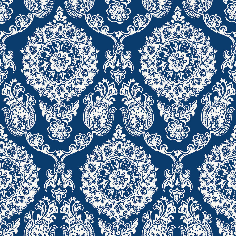 Helm Damask Navy Floral Medallion Wallpaper by Chesapeake Blue Heron Covers about 56.4 square feet 20.5-in by 33-ft long roll Prepasted 20.5 - Fabric Carolina -