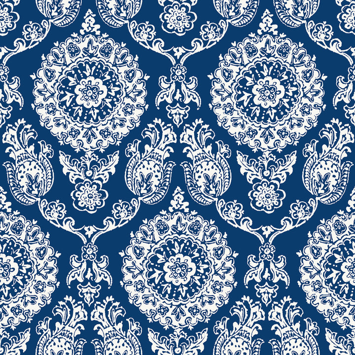 Helm Damask Navy Floral Medallion Wallpaper by Chesapeake Blue Heron Covers about 56.4 square feet 20.5-in by 33-ft long roll Prepasted 20.5 - Fabric Carolina -