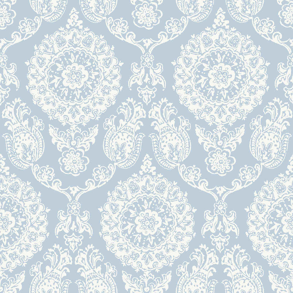 Helm Damask Light Blue Floral Medallion Wallpaper by Chesapeake Blue Heron Covers about 56.4 square feet 20.5-in by 33-ft long roll Prepasted 20.5 - Fabric Carolina -