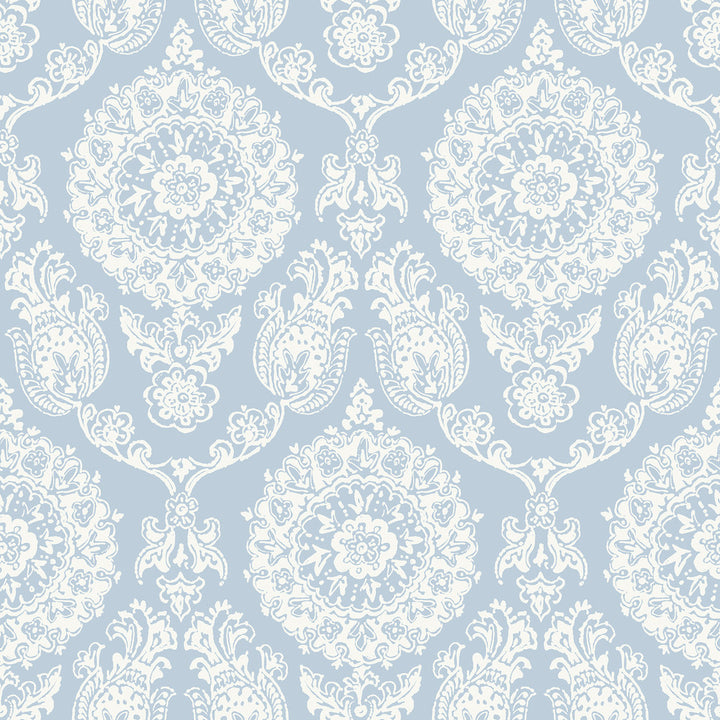 Helm Damask Light Blue Floral Medallion Wallpaper by Chesapeake Blue Heron Covers about 56.4 square feet 20.5-in by 33-ft long roll Prepasted 20.5 - Fabric Carolina -