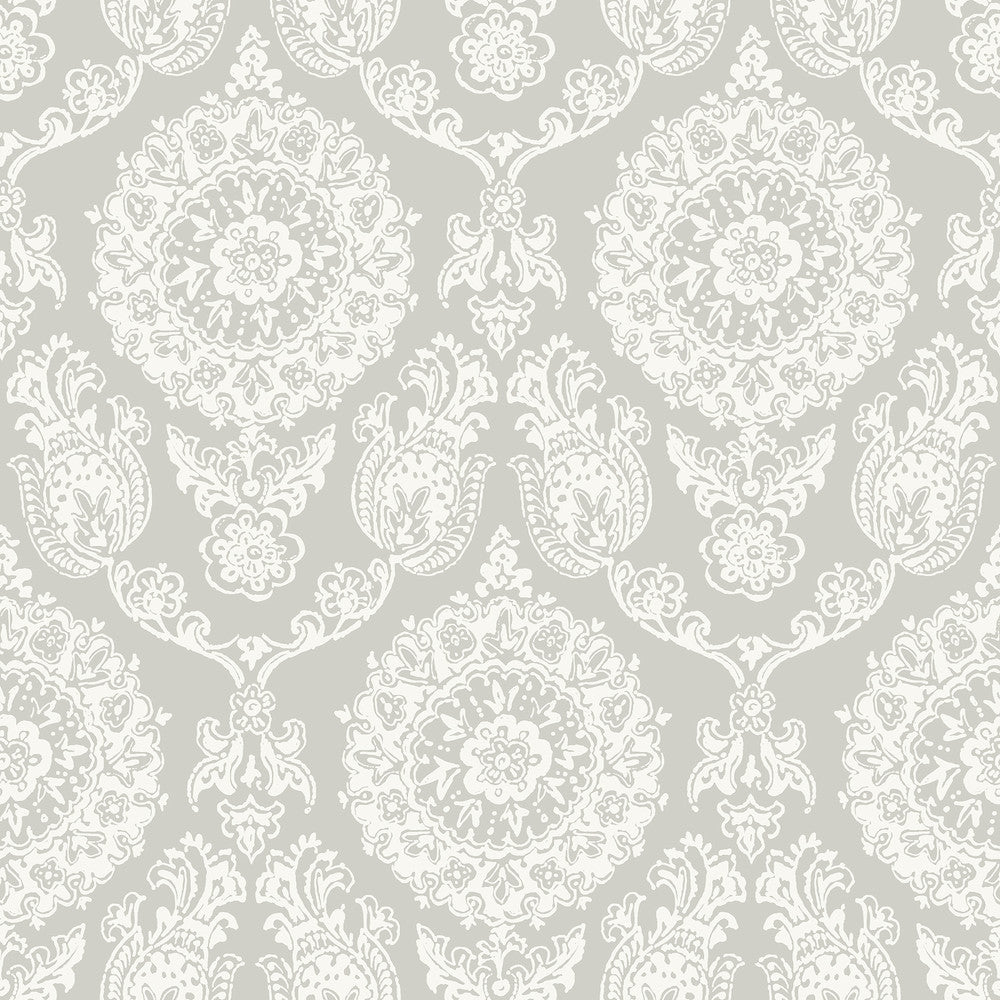 Helm Damask Taupe Floral Medallion Wallpaper by Chesapeake Blue Heron Covers about 56.4 square feet 20.5-in by 33-ft long roll Prepasted 20.5 - Fabric Carolina -