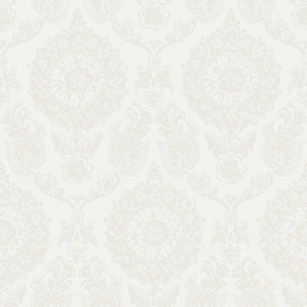 Helm Damask White Floral Medallion Wallpaper by Chesapeake Blue Heron Covers about 56.4 square feet 20.5-in by 33-ft long roll Prepasted 20.5 - Fabric Carolina -