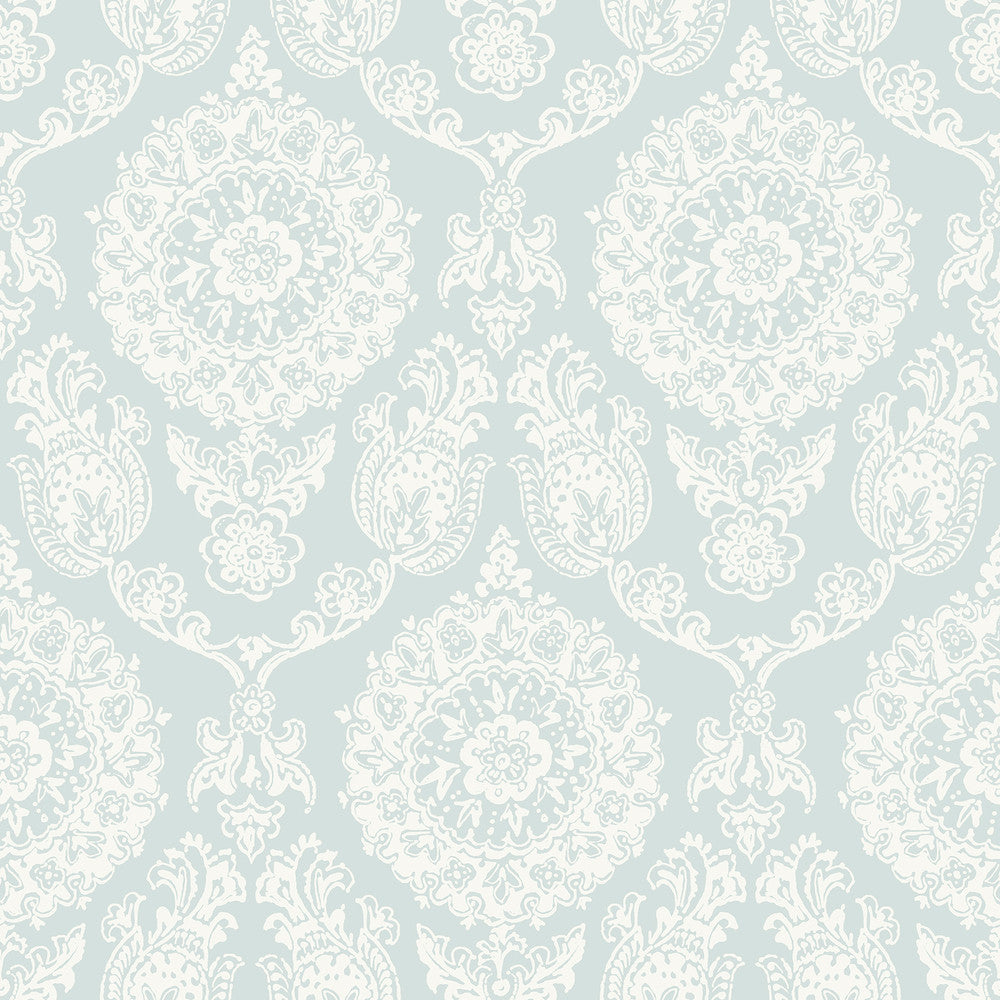 Helm Damask Aqua Floral Medallion Wallpaper by Chesapeake Blue Heron Covers about 56.4 square feet 20.5-in by 33-ft long roll Prepasted 20.5 - Fabric Carolina -