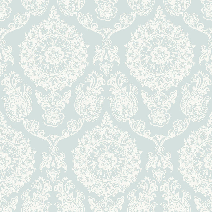 Helm Damask Aqua Floral Medallion Wallpaper by Chesapeake Blue Heron Covers about 56.4 square feet 20.5-in by 33-ft long roll Prepasted 20.5 - Fabric Carolina -