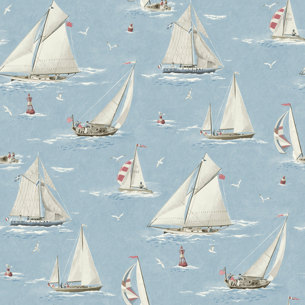 Leeward Light Blue Sailboat Wallpaper by Chesapeake Blue Heron Covers about 56.4 square feet 20.5-in by 33-ft long roll Prepasted 20.5 - Fabric Carolina -