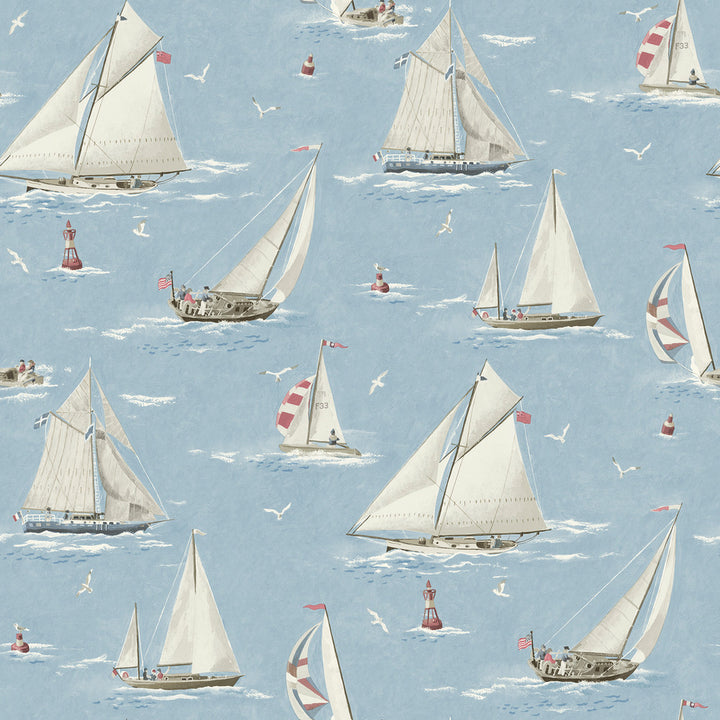 Leeward Light Blue Sailboat Wallpaper by Chesapeake Blue Heron Covers about 56.4 square feet 20.5-in by 33-ft long roll Prepasted 20.5 - Fabric Carolina -