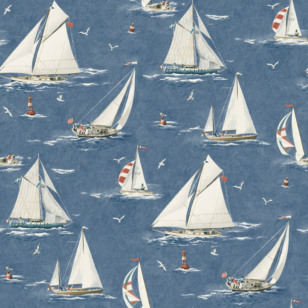 Leeward Navy Sailboat Wallpaper by Chesapeake Blue Heron Covers about 56.4 square feet 20.5-in by 33-ft long roll Prepasted 20.5 - Fabric Carolina -