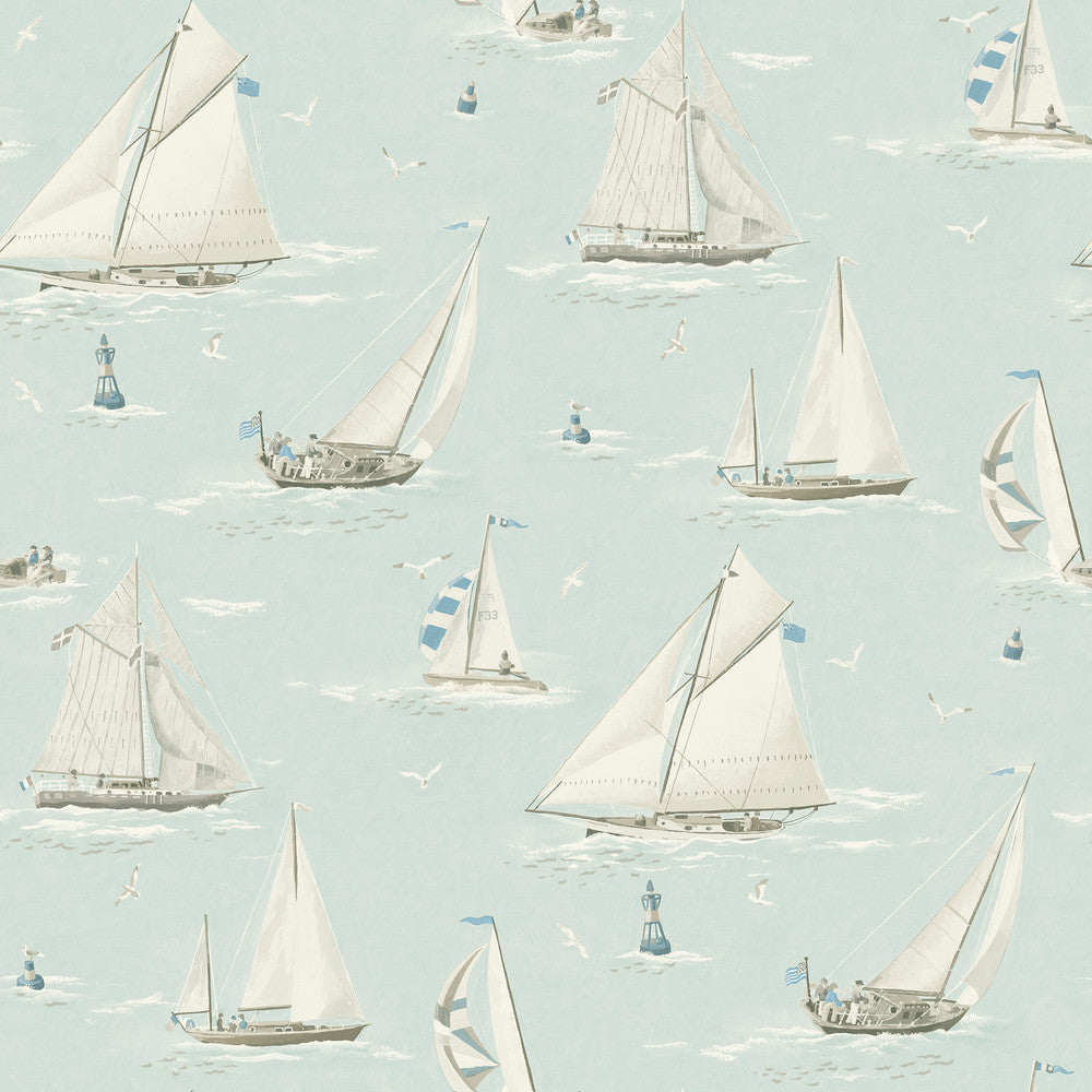 Leeward Aqua Sailboat Wallpaper by Chesapeake Blue Heron Covers about 56.4 square feet 20.5-in by 33-ft long roll Prepasted 20.5 - Fabric Carolina -
