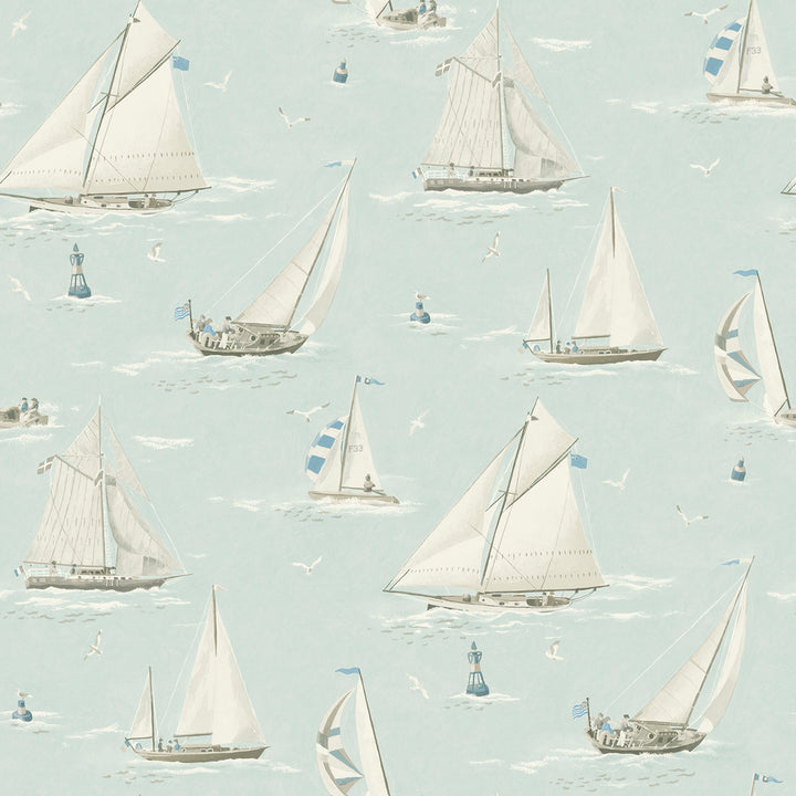 Leeward Aqua Sailboat Wallpaper by Chesapeake Blue Heron Covers about 56.4 square feet 20.5-in by 33-ft long roll Prepasted 20.5 - Fabric Carolina -