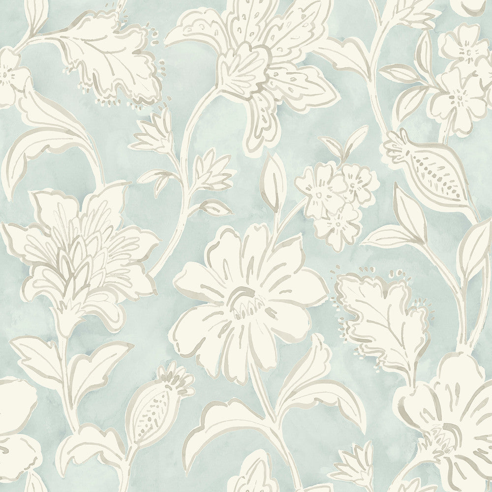 Plumeria Aqua Floral Trail Wallpaper by Chesapeake Blue Heron Covers about 56.4 square feet 20.5-in by 33-ft long roll Prepasted 20.5 - Fabric Carolina -