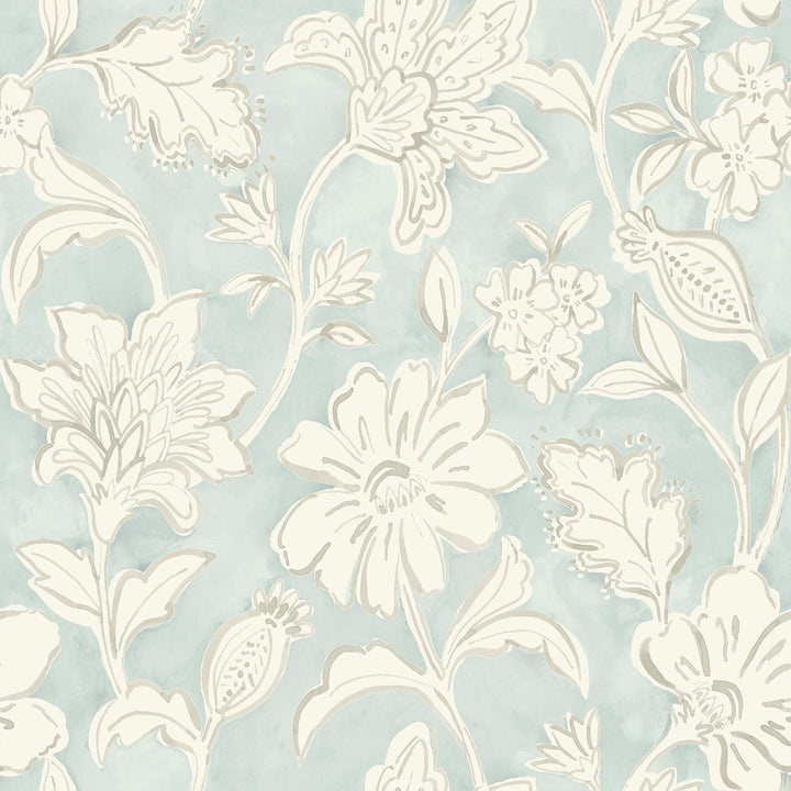 Plumeria Aqua Floral Trail Wallpaper by Chesapeake Blue Heron Covers about 56.4 square feet 20.5-in by 33-ft long roll Prepasted 20.5 - Fabric Carolina -