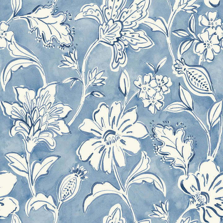 Plumeria Blue Floral Trail Wallpaper by Chesapeake Blue Heron Covers about 56.4 square feet 20.5-in by 33-ft long roll Prepasted 20.5 - Fabric Carolina -