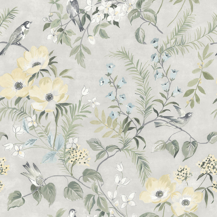 Frederique Grey Bloom Wallpaper by Chesapeake Delphine Covers about 56.4 square feet 20.5-in by 33-ft long roll Prepasted 20.5 - Fabric Carolina -